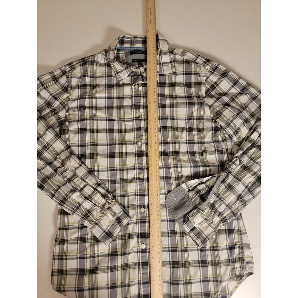 Banana Republic Grant Fit Custom 078 Wash Plaid Shirt Mens M White Grey Yellow